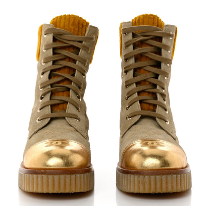 Chanel Suede Calfskin Velvet Laminated Quilted CC Combat Boots 37.5 Beige Yellow Gold 2 of 9