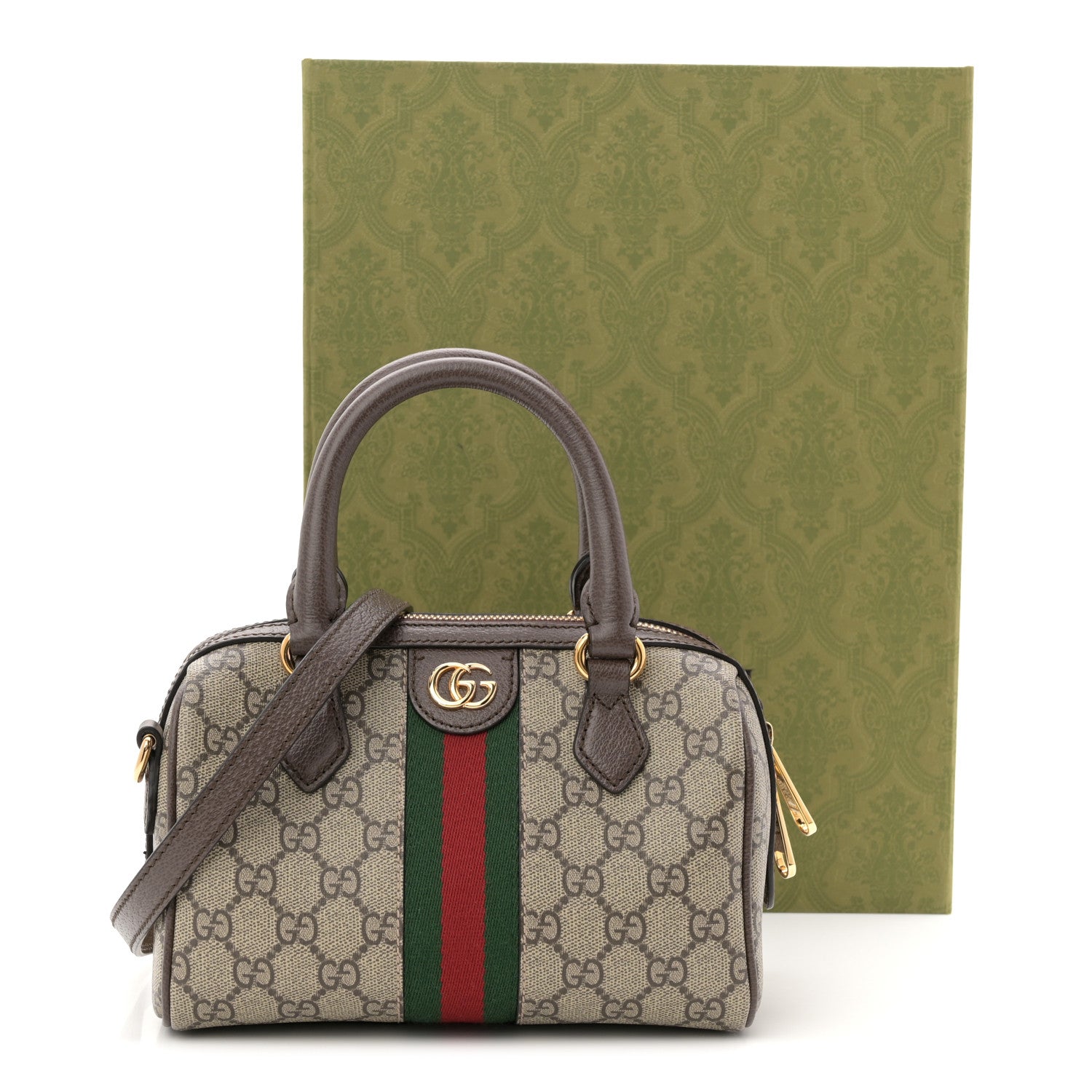Gucci GG Supreme Monogram Textured Dollar Calfskin Web Mini Ophidia Top Handle Bag Beige Ebony New Acero 11 of 11