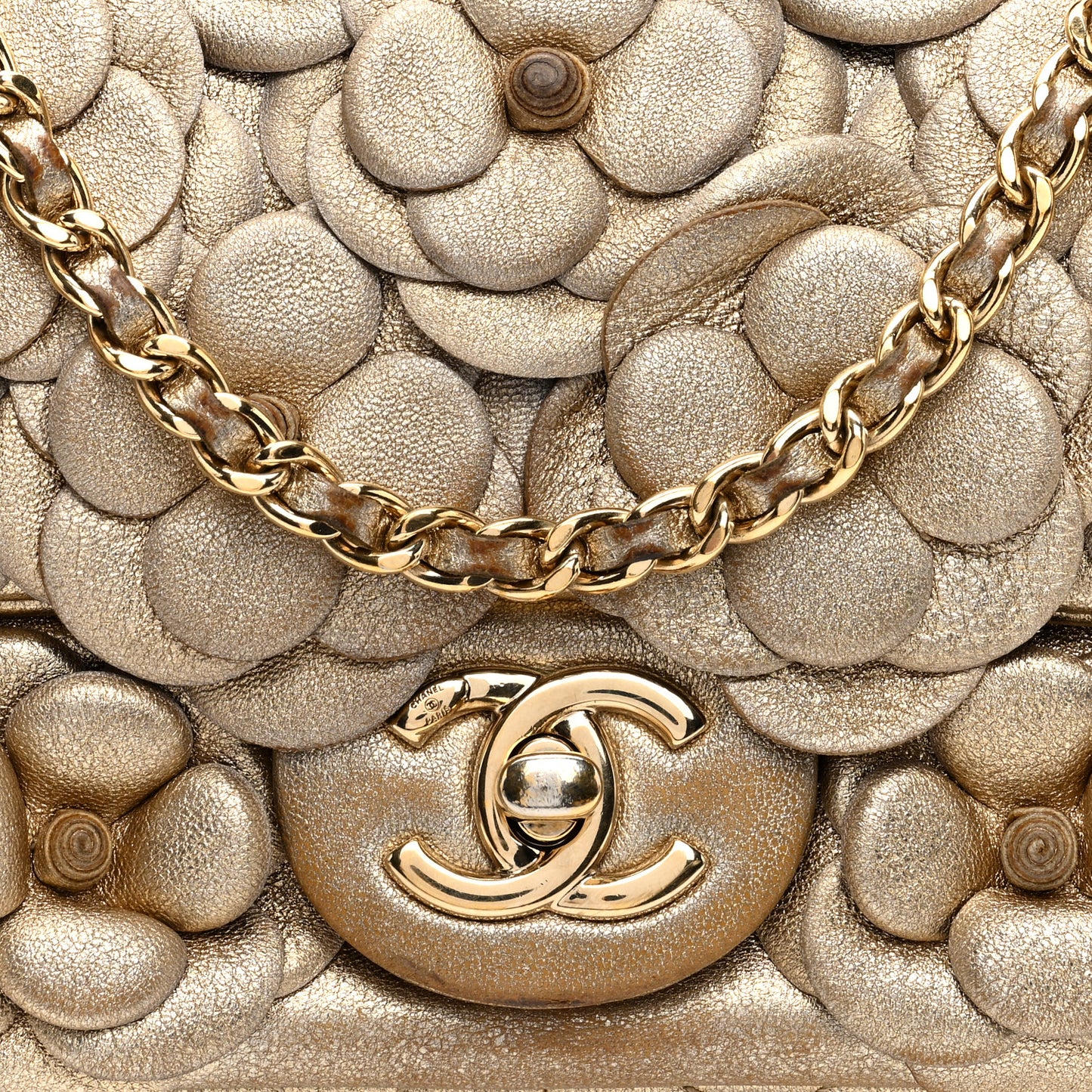 Metallic Lambskin Quilted Mini Camellia Flap Gold