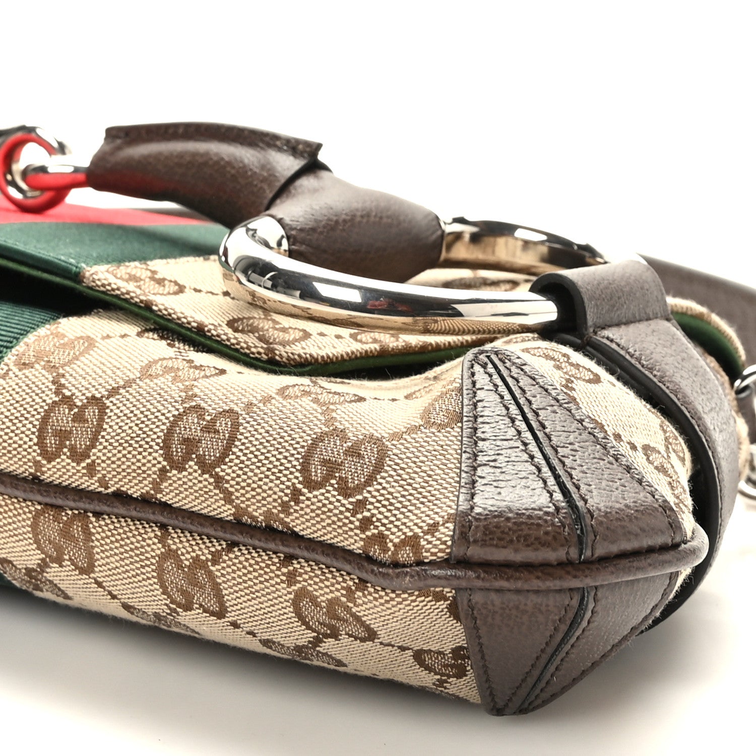 Gucci Monogram Textured Dollar Calfskin Heavy Grosgrain Web Medium Maxi Horsebit Chain Shoulder Bag Beige Ebony New Acero 8 of 8