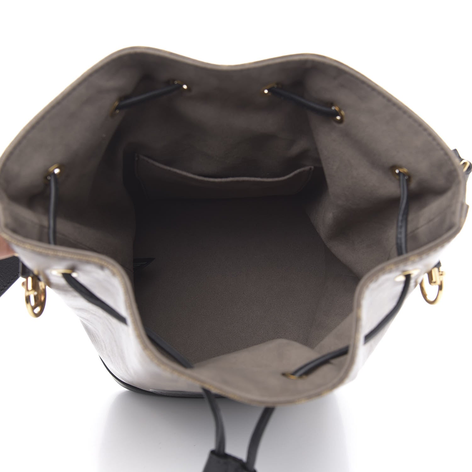 Fendi Glazed Fabric Vitello Grace F is Fendi FF 1974 Stamp Patch Grande Mon Tresor Bucket Bag Mogano Panna Black 5 of 12