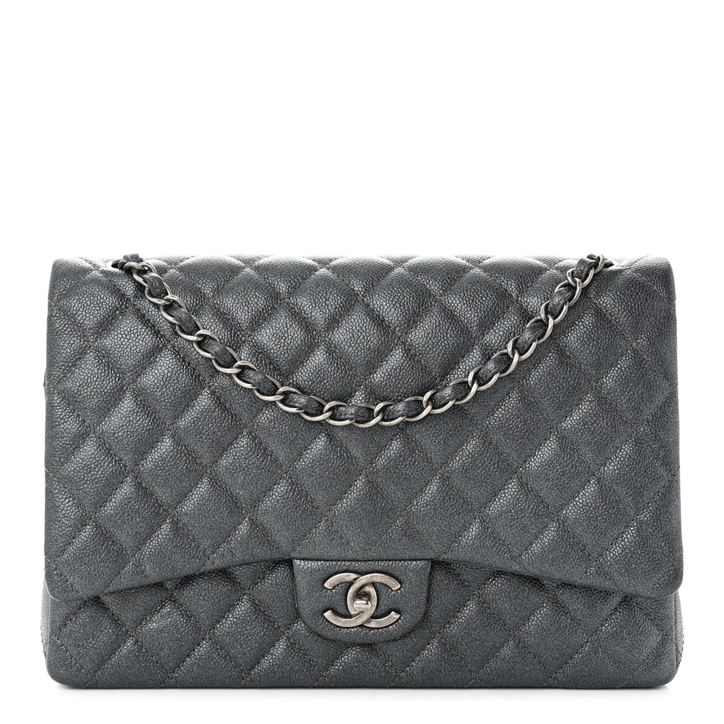 Metallic Caviar Quilted Maxi Double Flap Charcoal