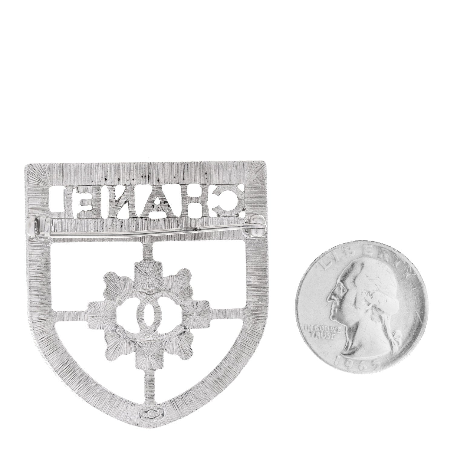 Chanel Swarovski Baguette Crystal CC Shield Brooch Silver 2 of 3