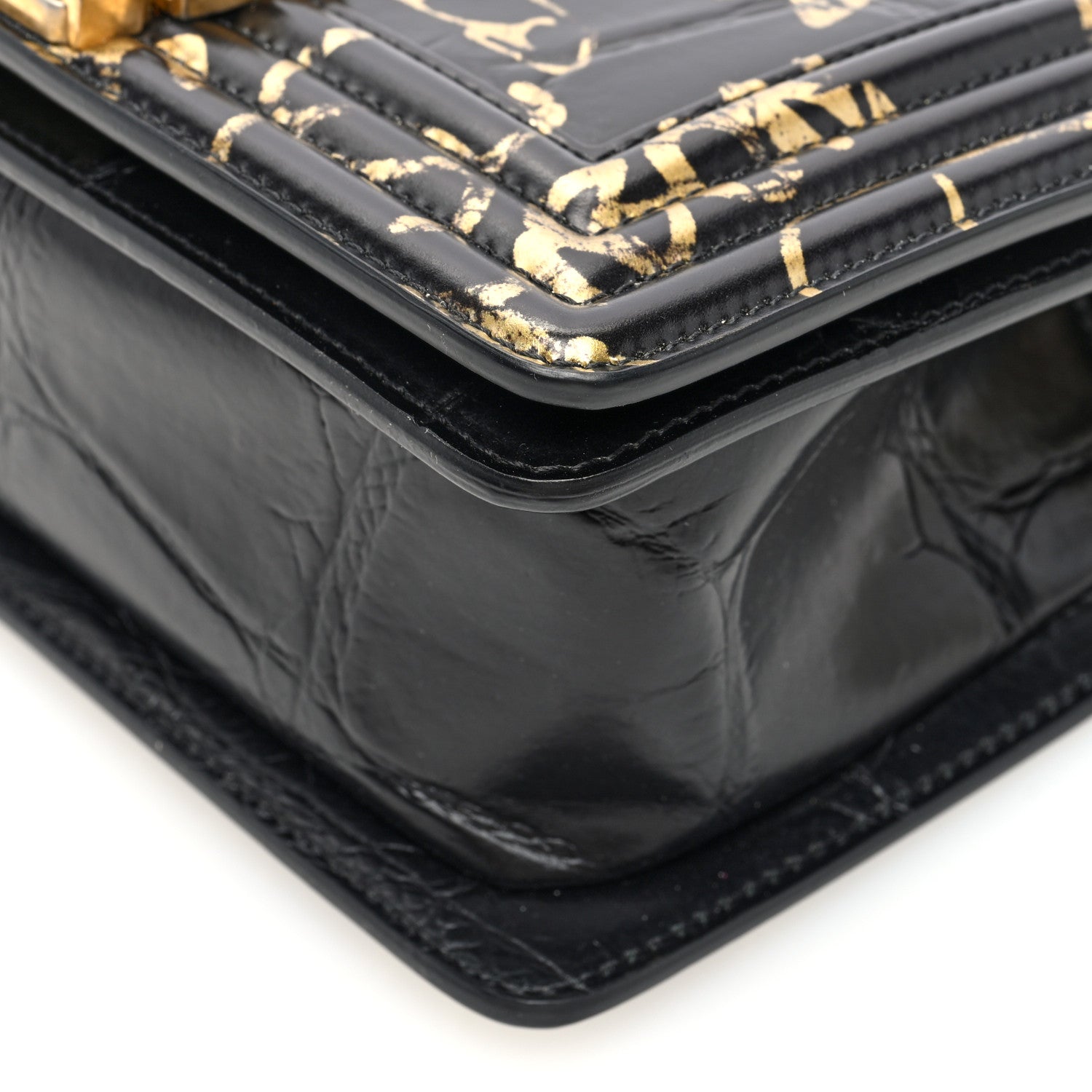 Chanel Calfskin Crocodile Embossed Graffiti Cocodile Small Boy Flap Black Gold 10 of 10
