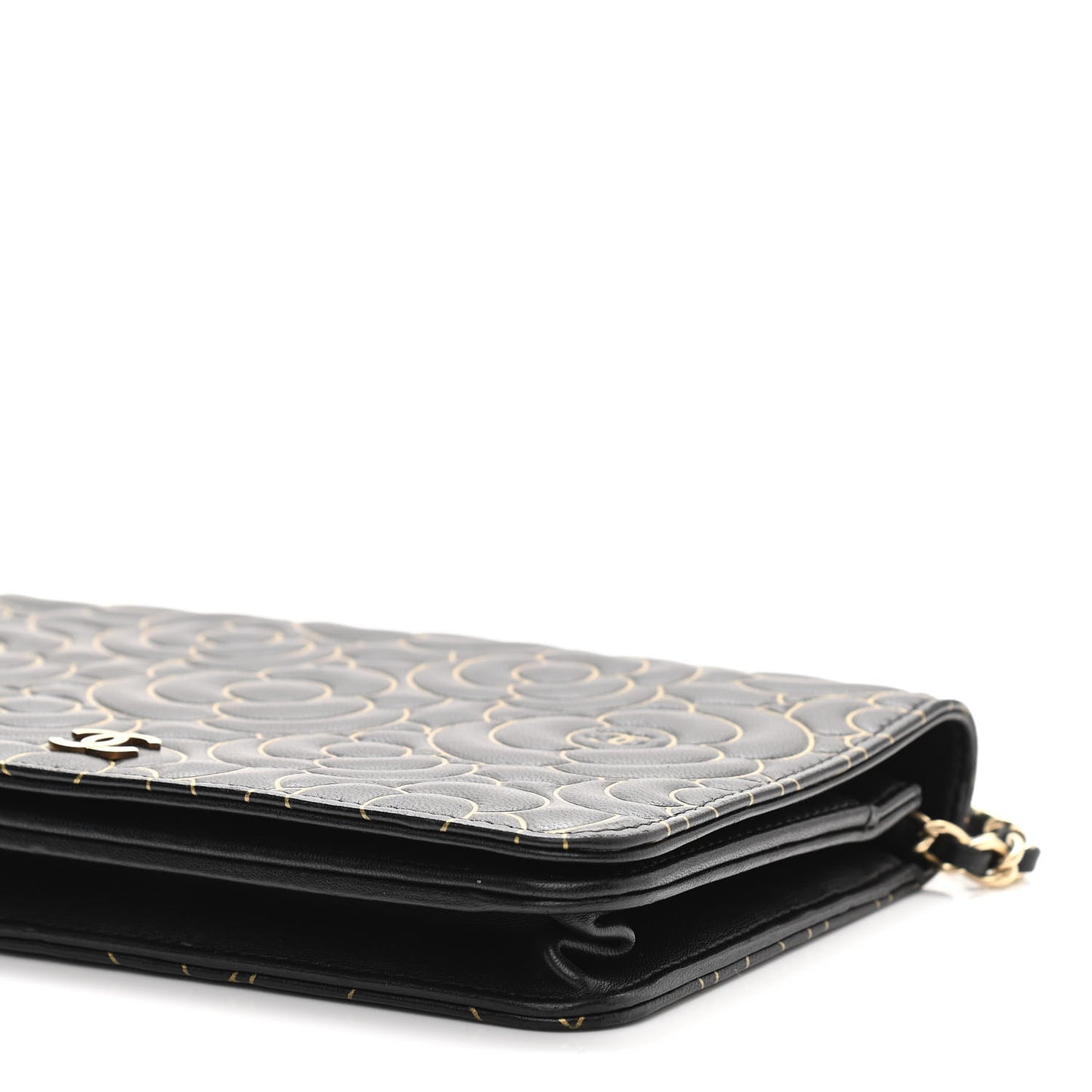 Lambskin Camellia Embossed Wallet On Chain WOC Black Gold