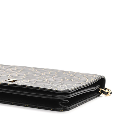 Chanel Lambskin Camellia Embossed Wallet On Chain WOC Black Gold 11 of 13