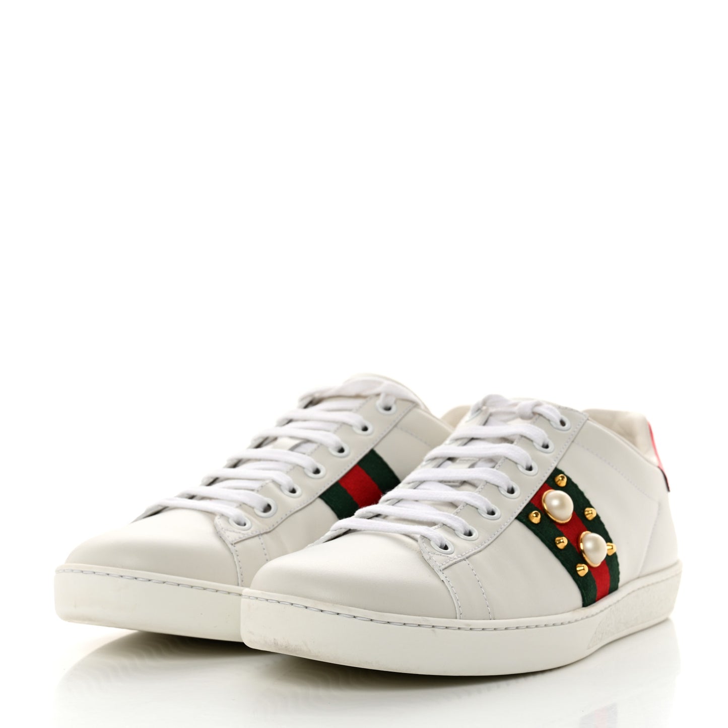 Calfskin Web Pearl Studded Womens Ace Sneakers 39.5 White