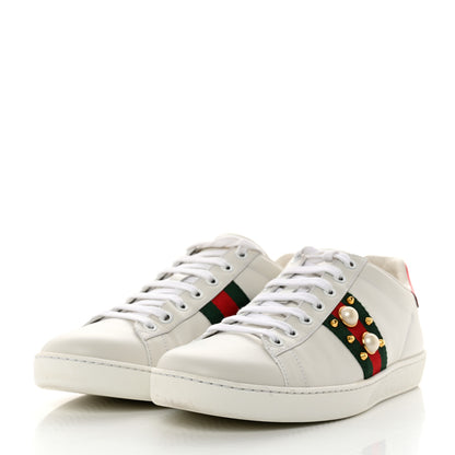 Gucci Calfskin Web Pearl Studded Womens Ace Sneakers 39.5 White 3 of 9