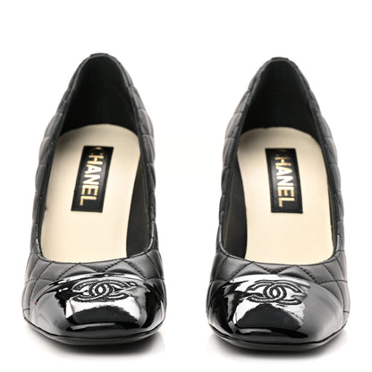 Chanel Lambskin Patent Quilted CC Cap Toe Pumps 38.5 Black 3 of 10