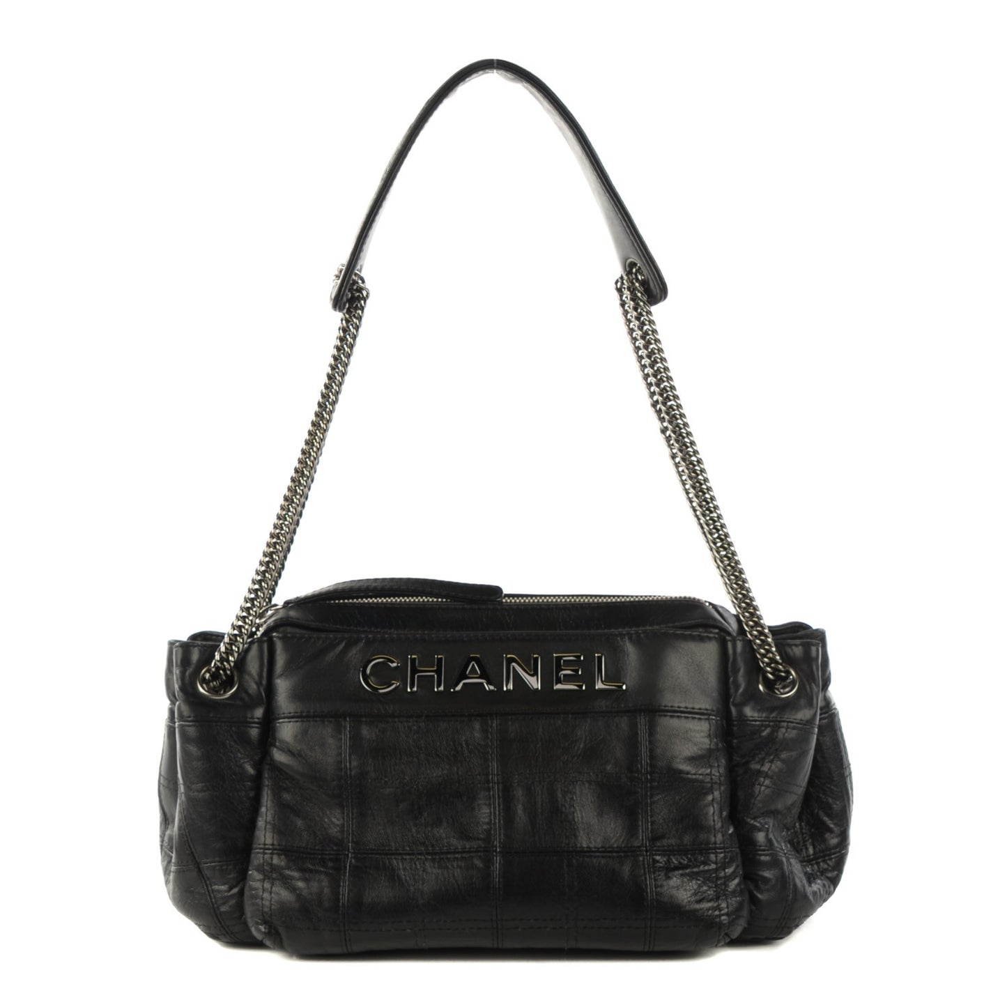 Lambskin Square Stitched Lax Accordion Hobo Black