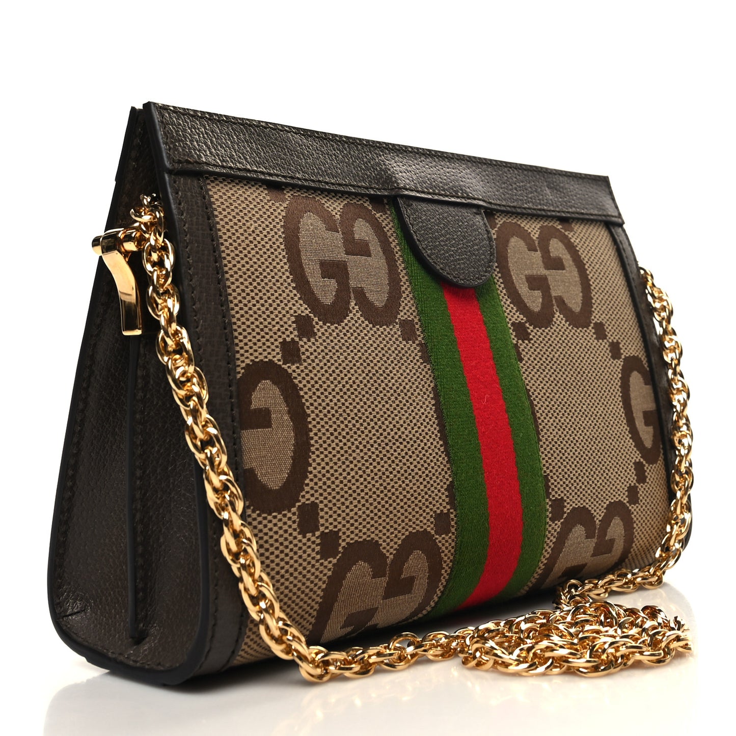 Monogram Jumbo GG Textured Dollar Calfskin Web Small Ophidia Chain Shoulder Bag Camel Ebony New Acero