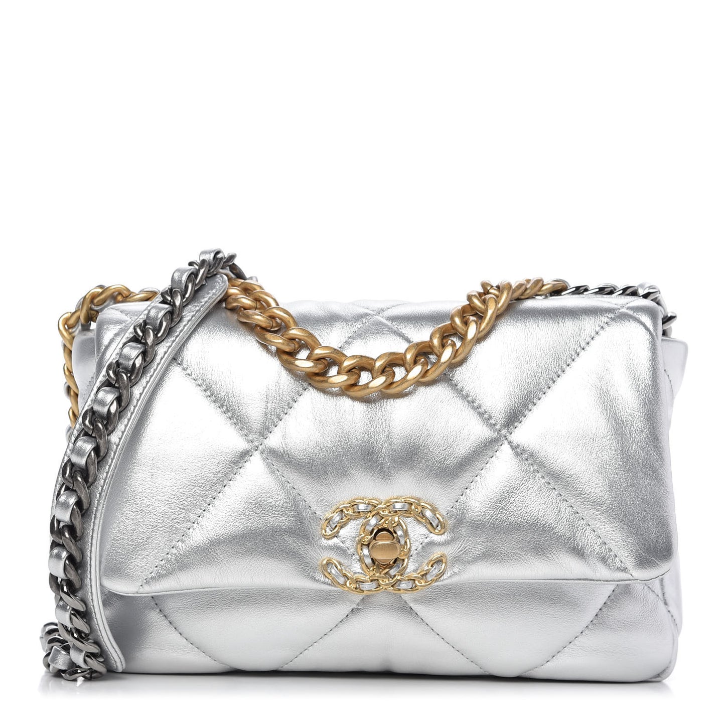 Metallic Lambskin Quilted Medium Chanel 19 Flap Silver