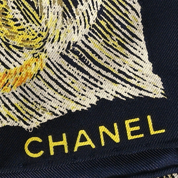 Chanel Silk Camellia Moons Scarf Navy Yellow 2 of 3