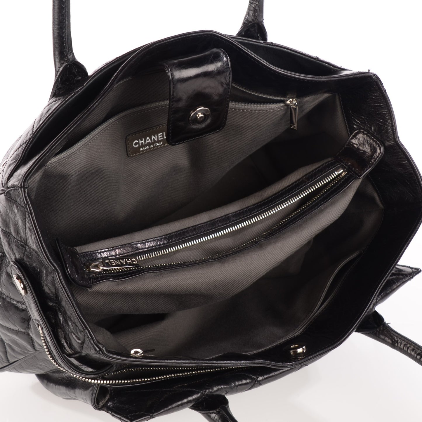 Glazed Calfskin Quilted Large New Portobello Tote Black