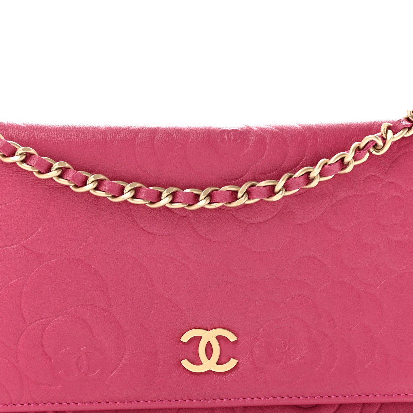 Lambskin Camellia Embossed Wallet on Chain WOC Fuchsia