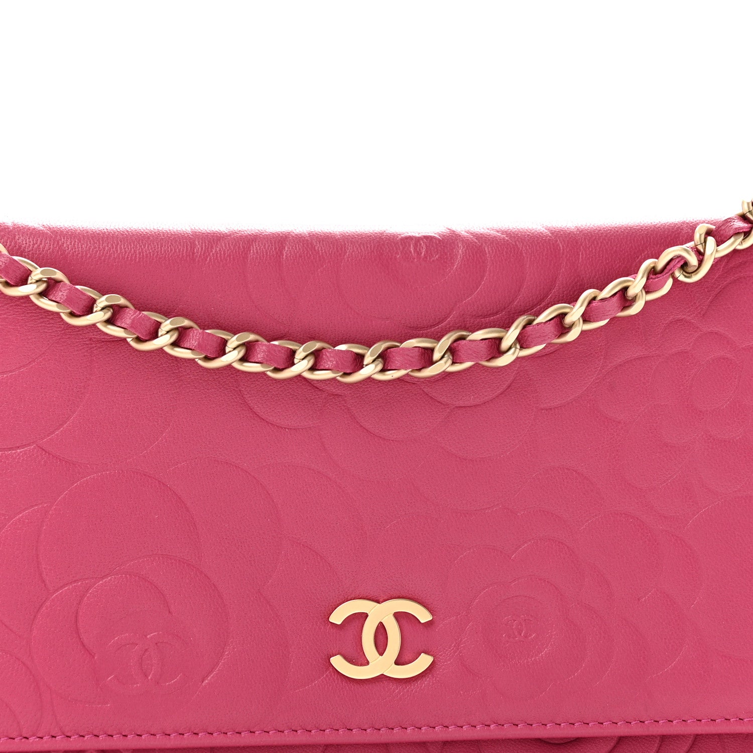 Chanel Lambskin Camellia Embossed Wallet on Chain WOC Fuchsia 9 of 13