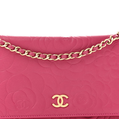 Chanel Lambskin Camellia Embossed Wallet on Chain WOC Fuchsia 9 of 13