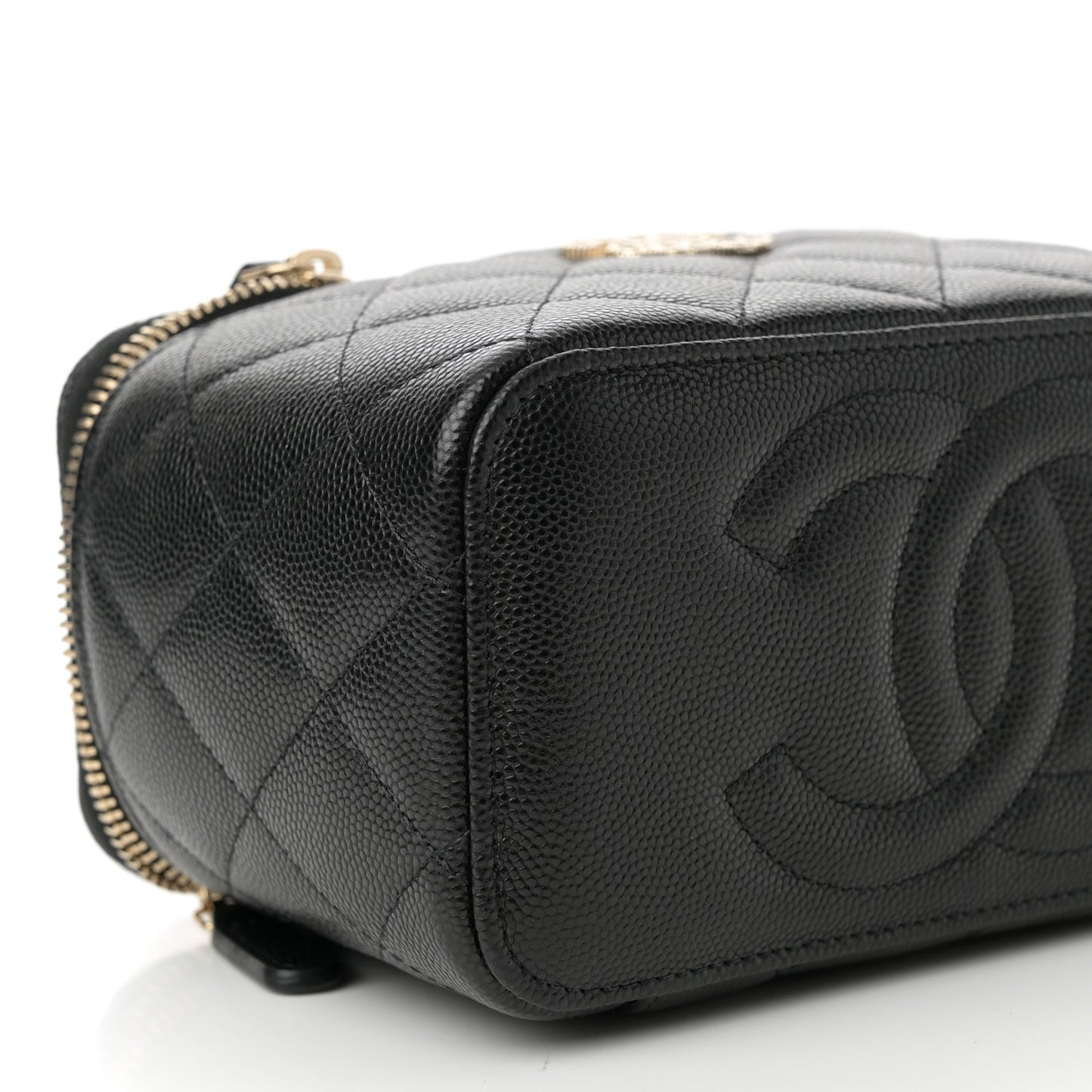 Caviar Quilted Crystal Hearts Small Vanity Case With Chain Black