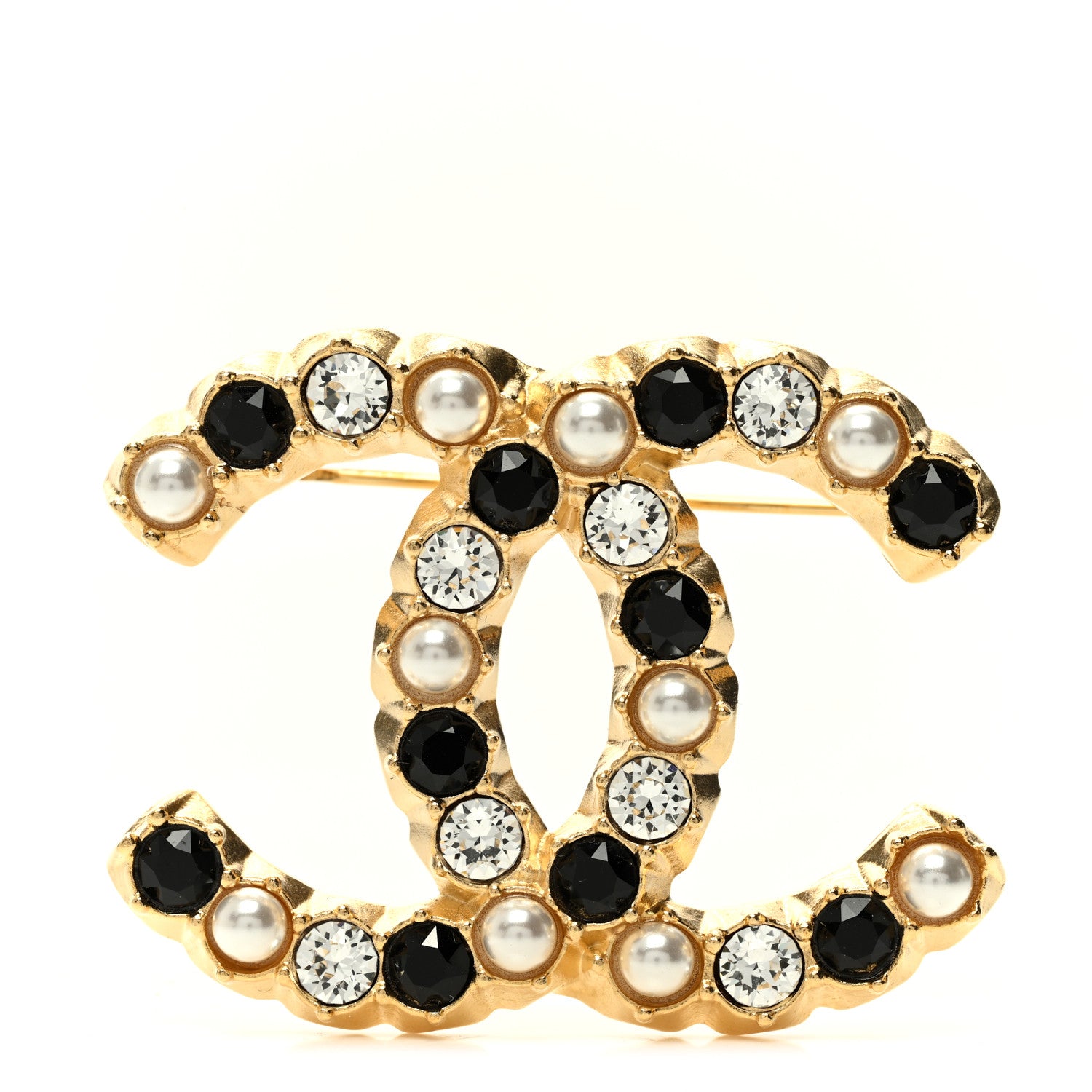 Chanel Pearl Crystal CC Brooch Black Gold 1 of 5
