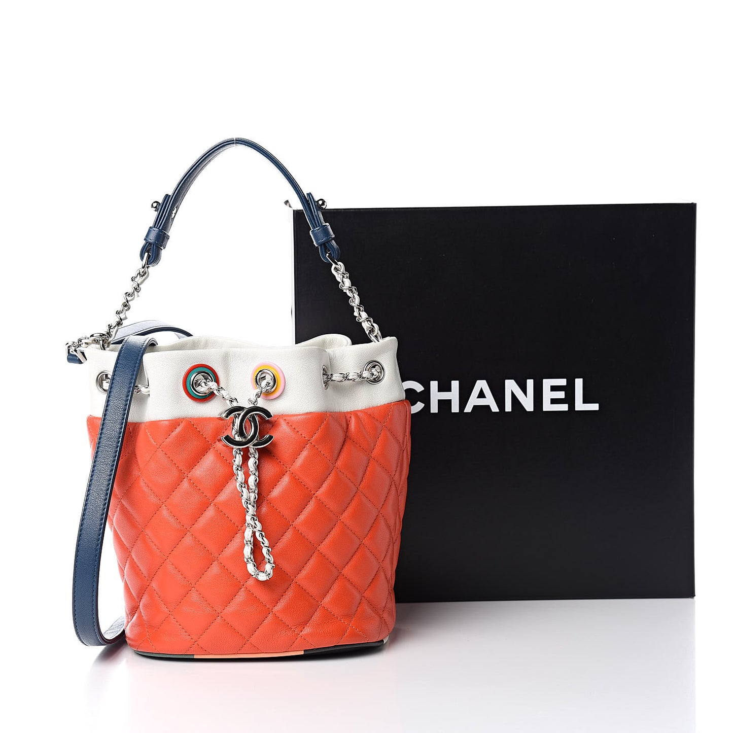 Lambskin Quilted Cuba Drawstring Tote Red White Blue