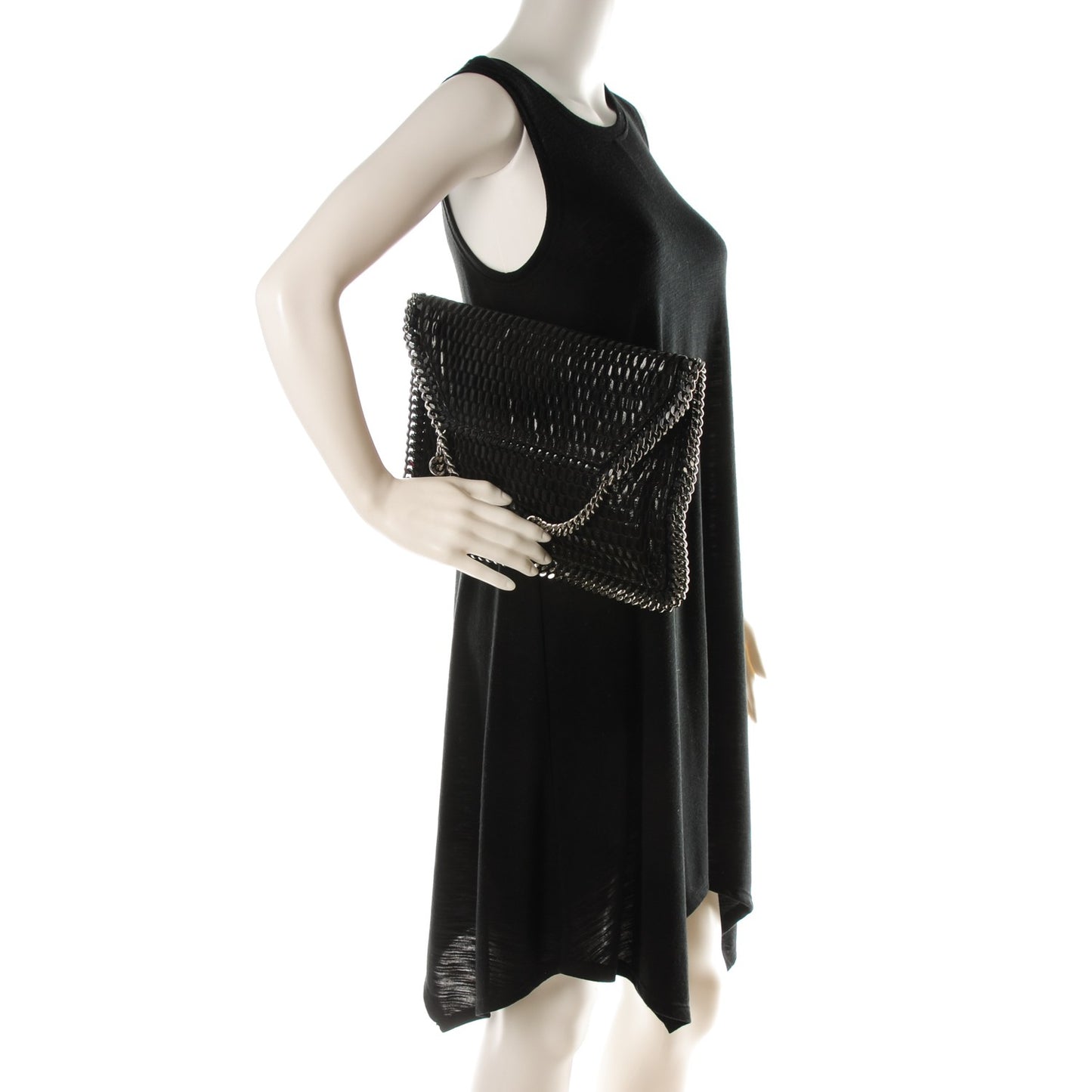 Patent Net Fold Over Falabella Clutch Black