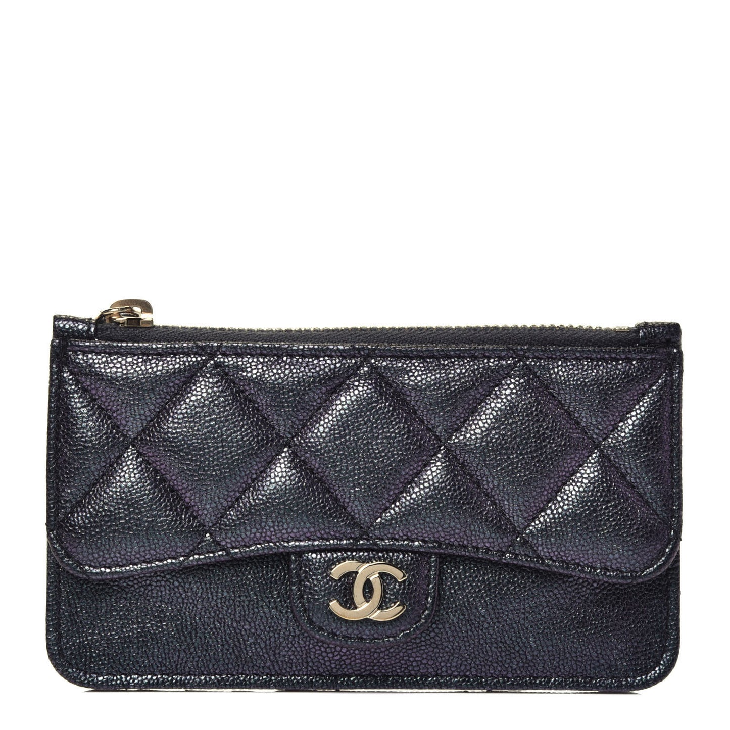 Iridescent Caviar Quilted Flap Zip Card Holder Black