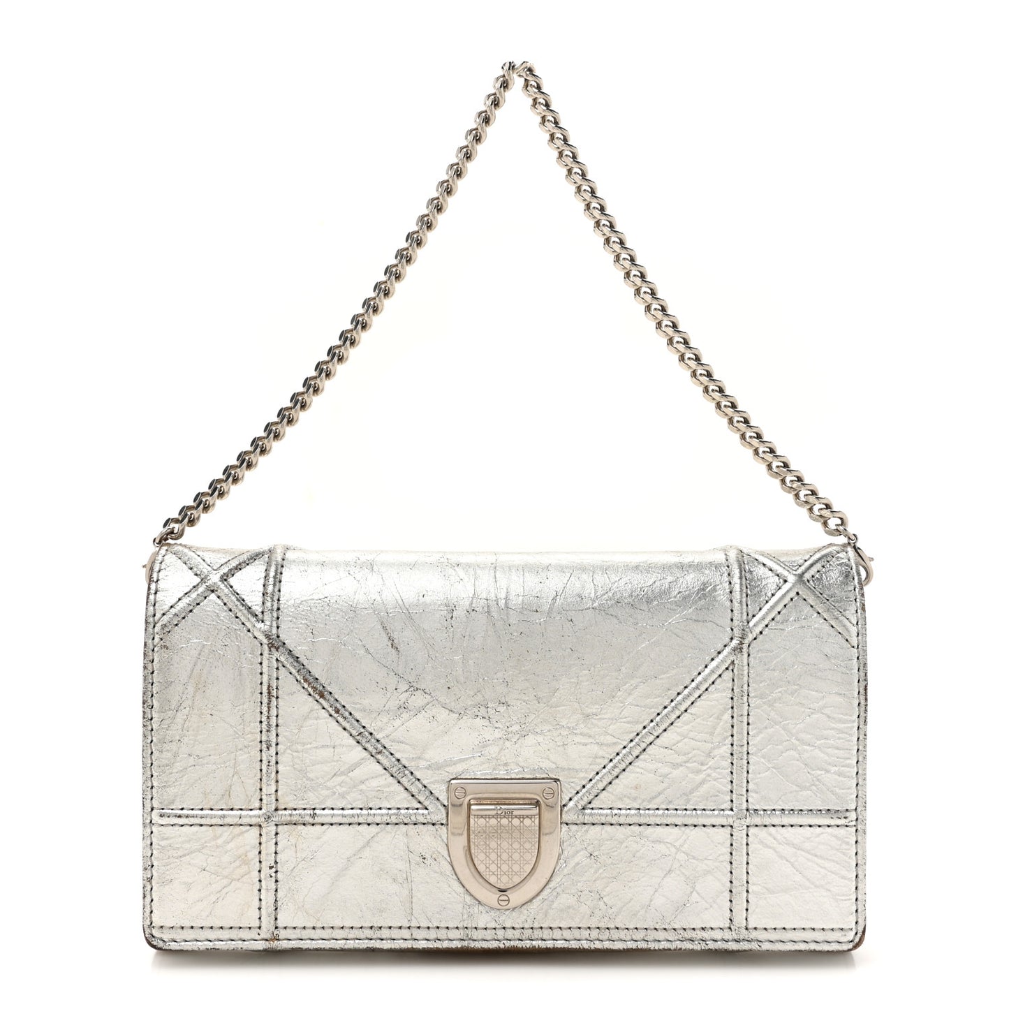 Metallic Crinkled Lambskin Diorama Croisiere Chain Wallet Silver