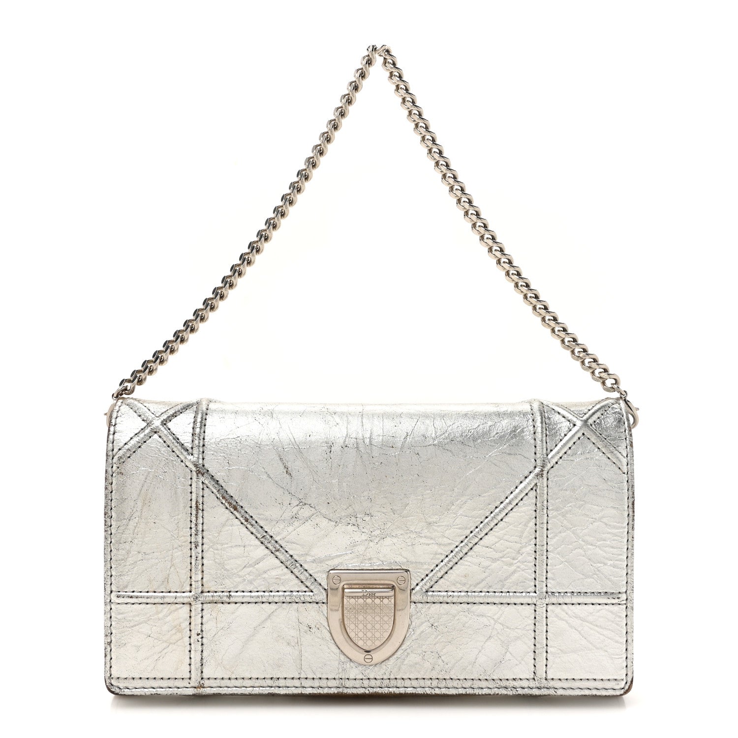 Christian Dior Metallic Crinkled Lambskin Diorama Croisiere Chain Wallet Silver 1 of 18