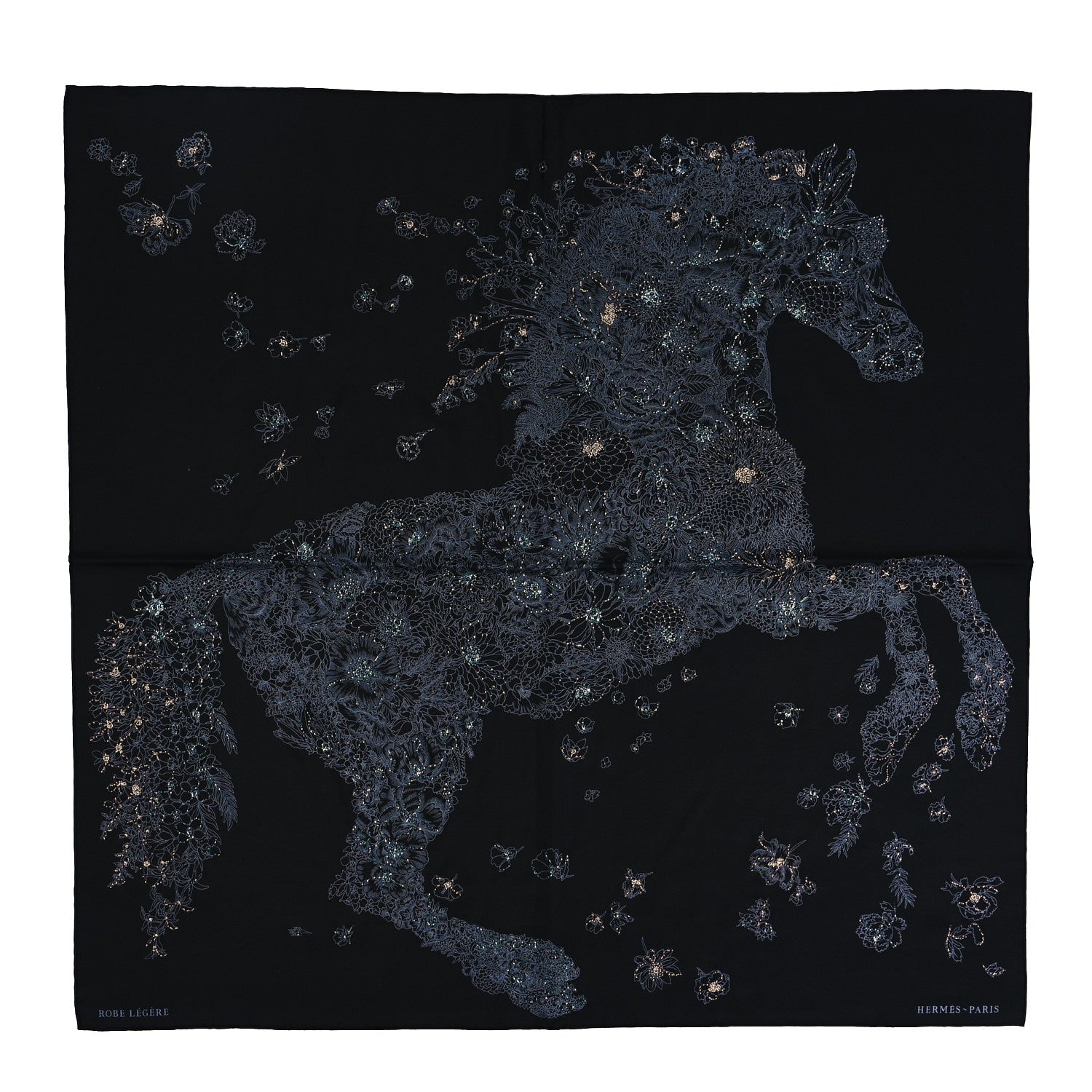 Hermes Silk Embroidered Robe Legere Scarf 90 Black Bleu 1 of 4