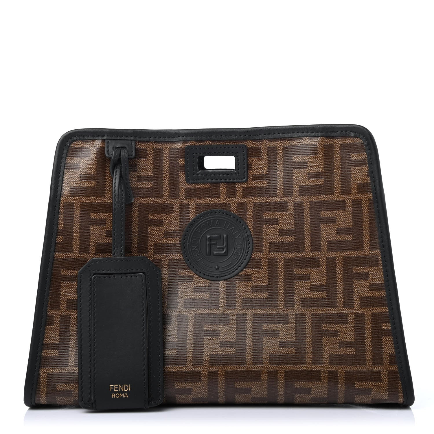 Fendi Glazed Fabric Vitello Century FF 1974 Stamp Patch Mini Peekaboo Defender Cover Mogano Panna Black 1 of 4