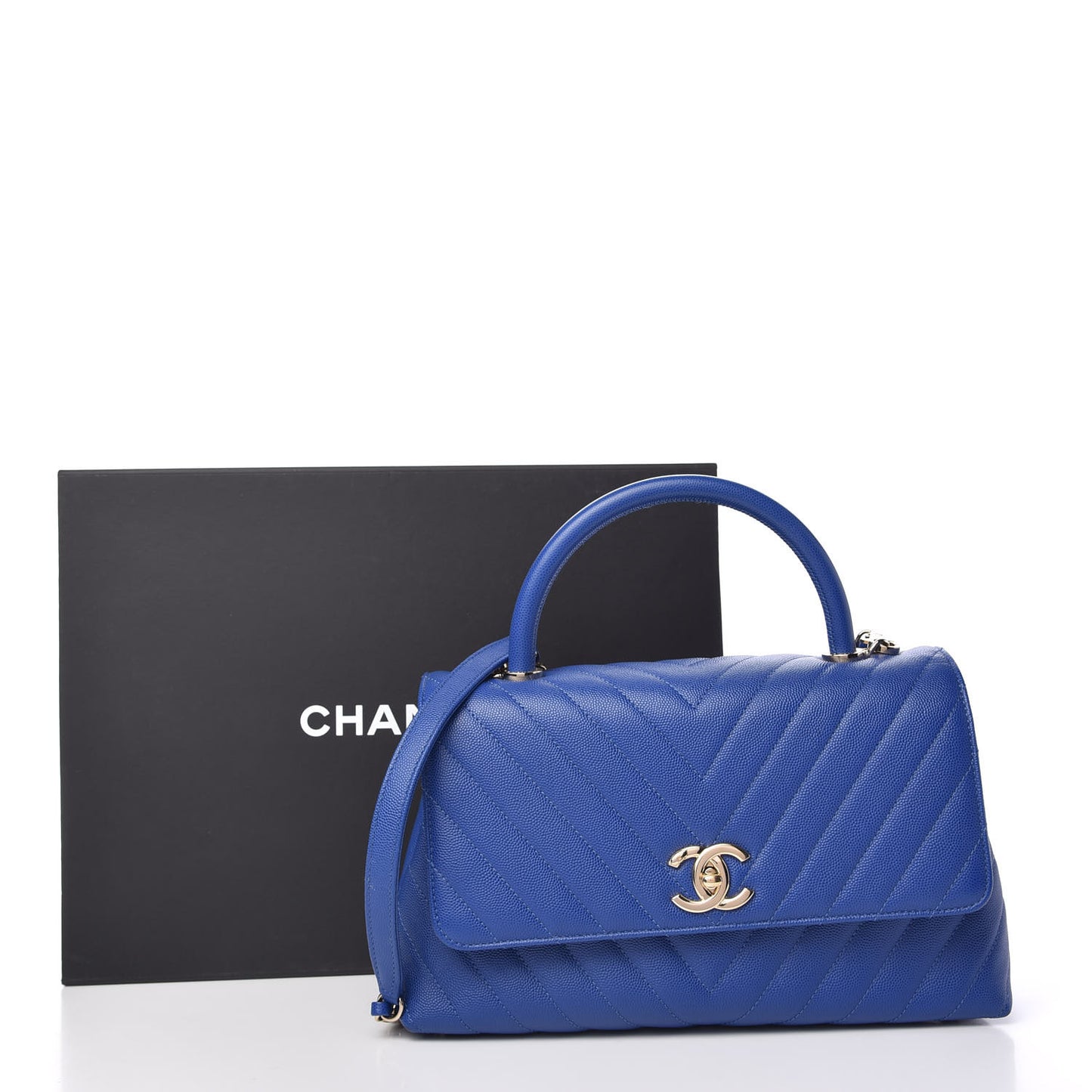 Caviar Chevron Quilted Small Coco Handle Flap Blue
