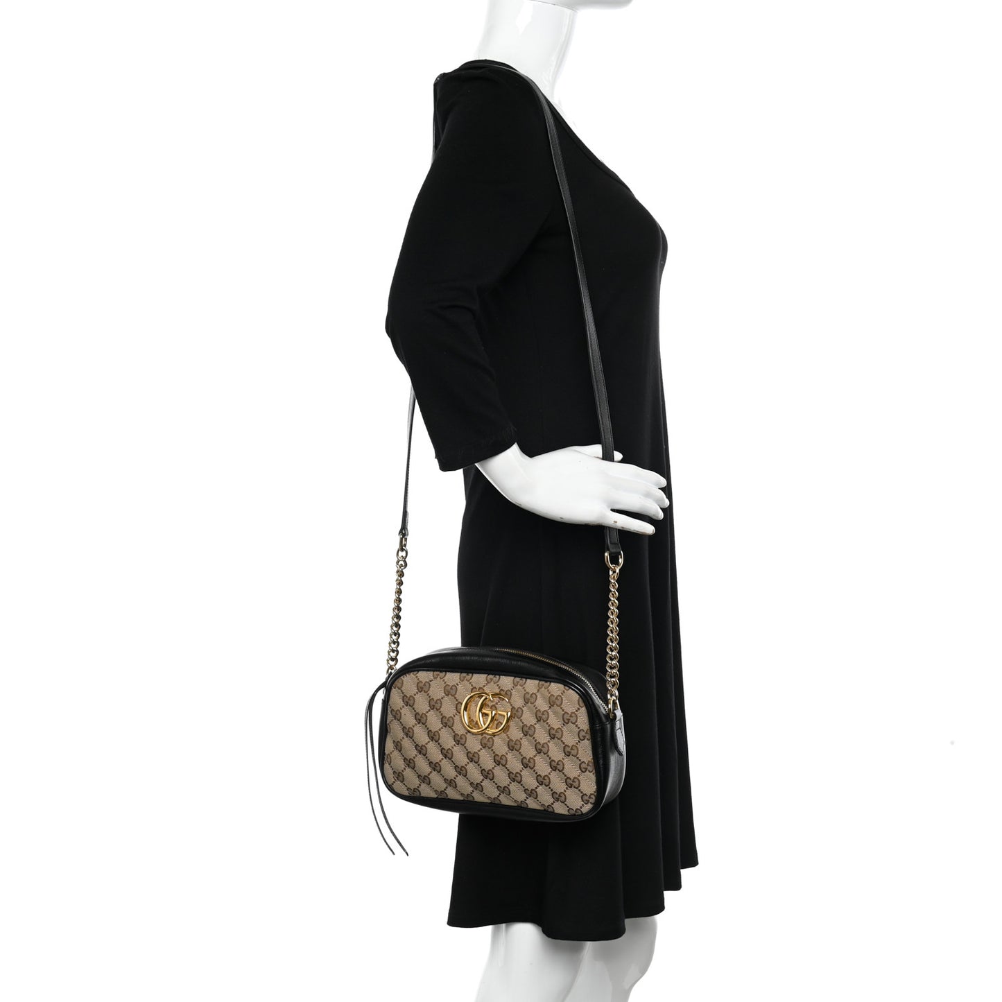 Monogram Matelasse Diagonal Small GG Marmont Chain Shoulder Bag Beige Black