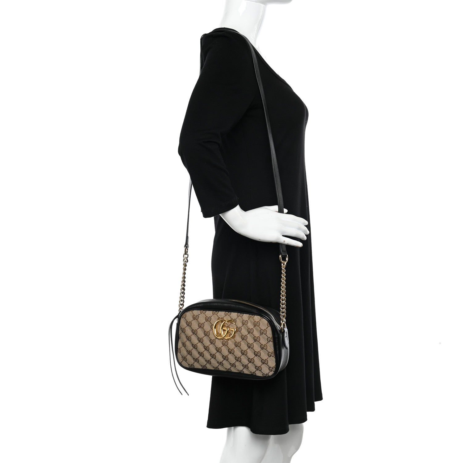 Gucci Monogram Matelasse Diagonal Small GG Marmont Chain Shoulder Bag Beige Black 2 of 11