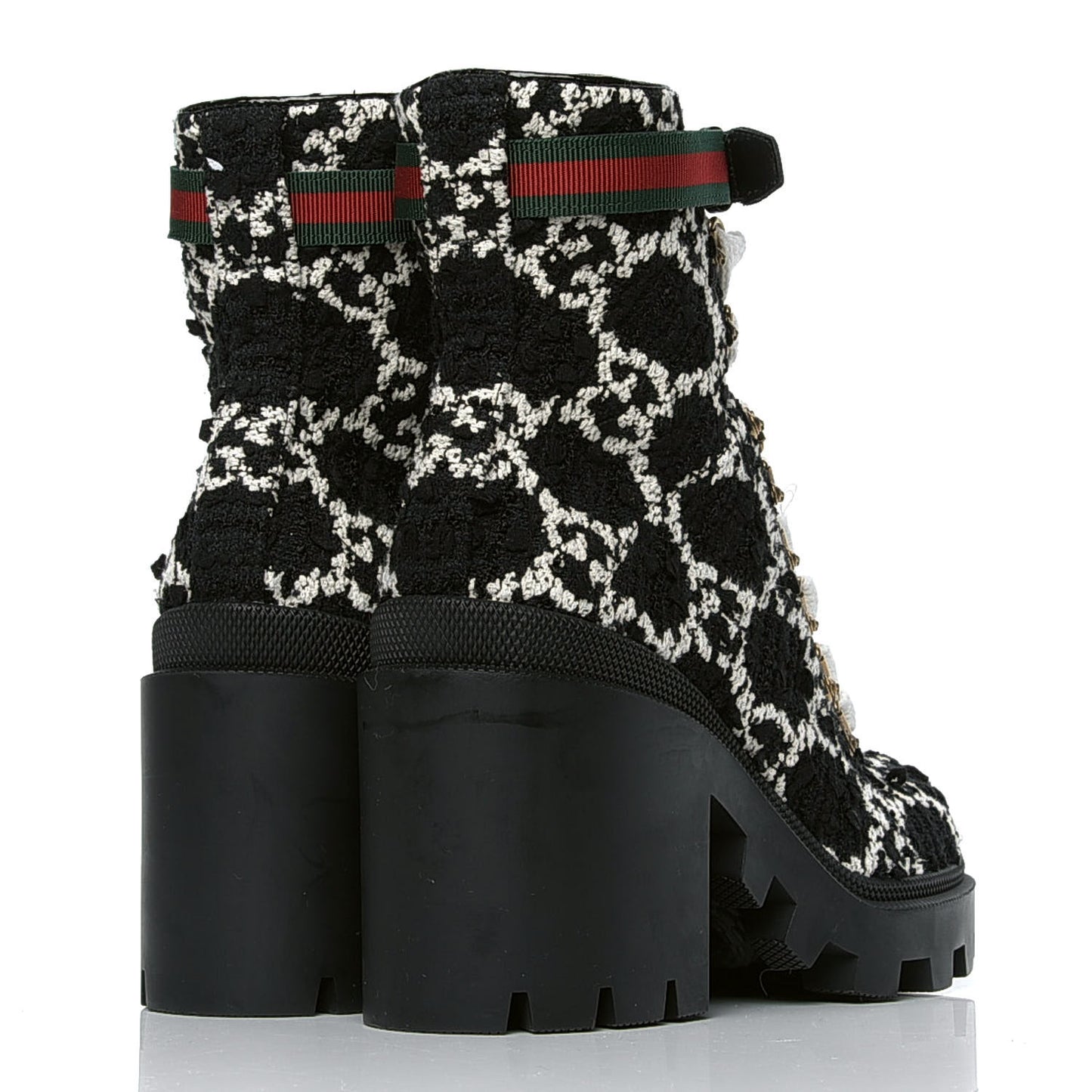 Tweed GG Monogram Lace Up Combat Ankle Boots 38.5 Black