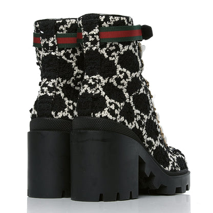 Gucci Tweed GG Monogram Lace Up Combat Ankle Boots 38.5 Black 3 of 4