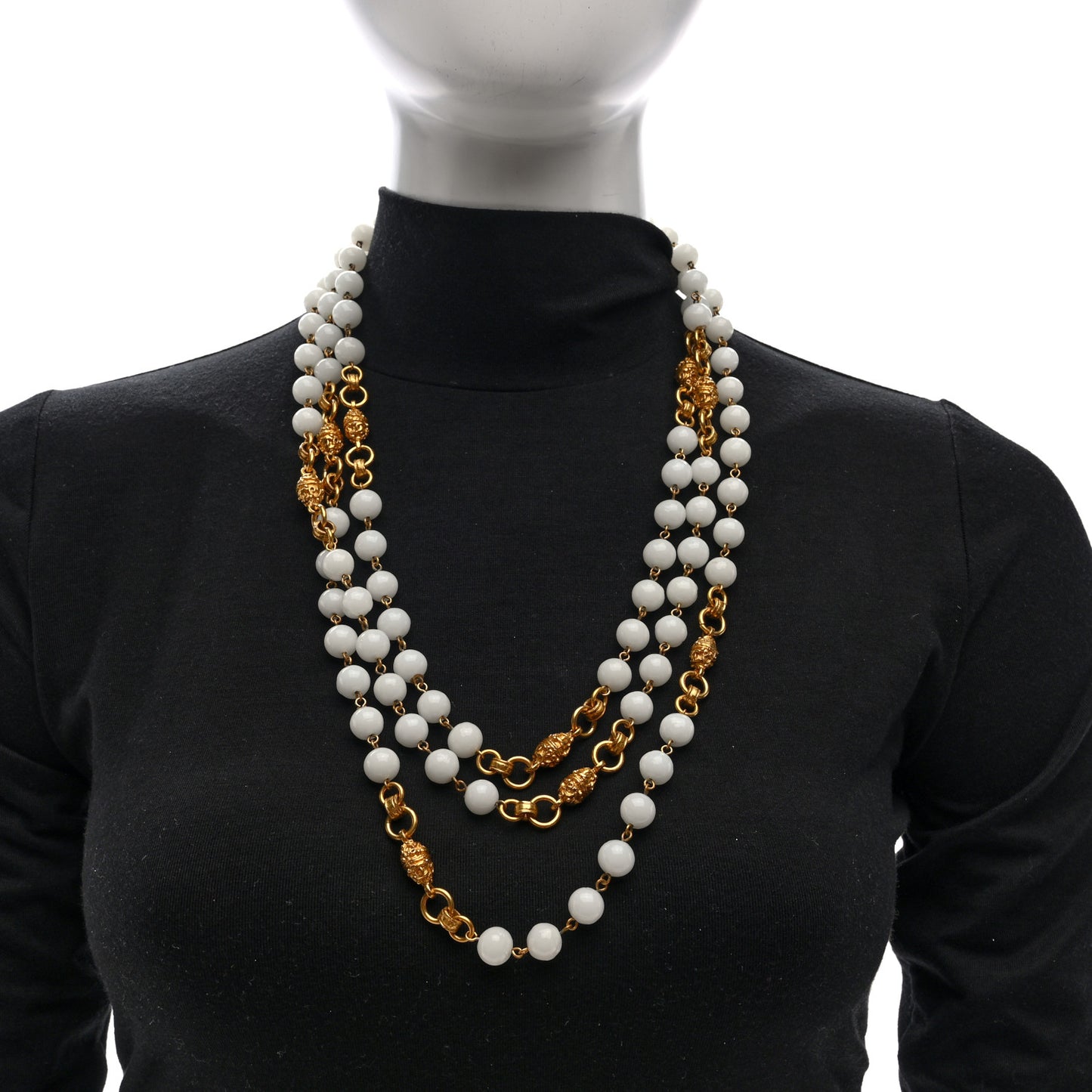 Marble Bead CC Long Necklace Gold White