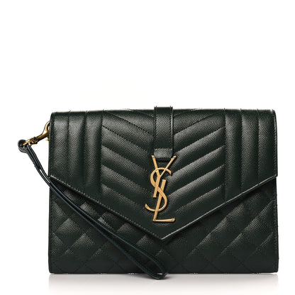Saint Laurent Grain De Poudre Textured Mixed Matelasse Triquilt Monogram Clutch Vert Fonce 1 of 9