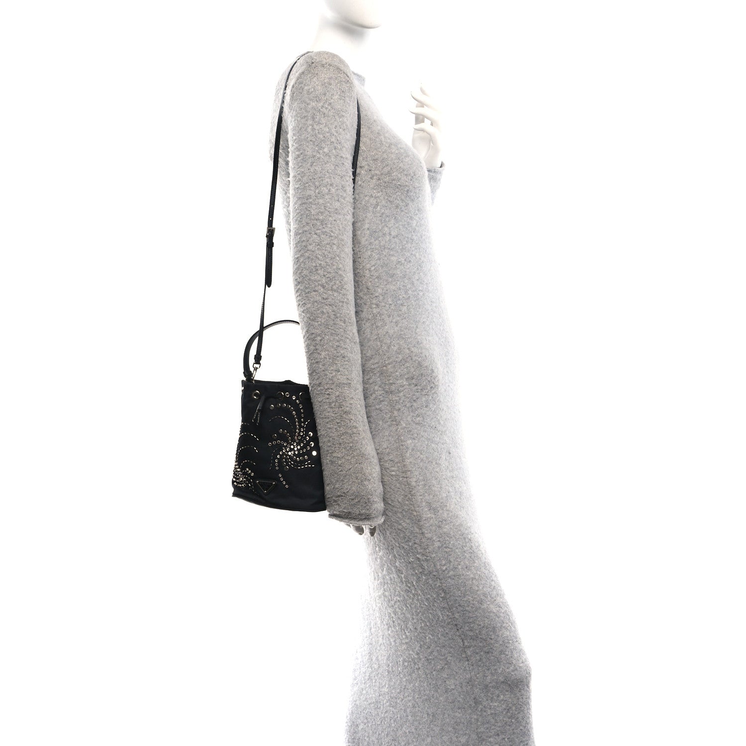 Prada Tessuto Saffiano Ricamo Sequin Crystal Embellished Mini Re-Edition 1978 Bucket Bag Black 2 of 9