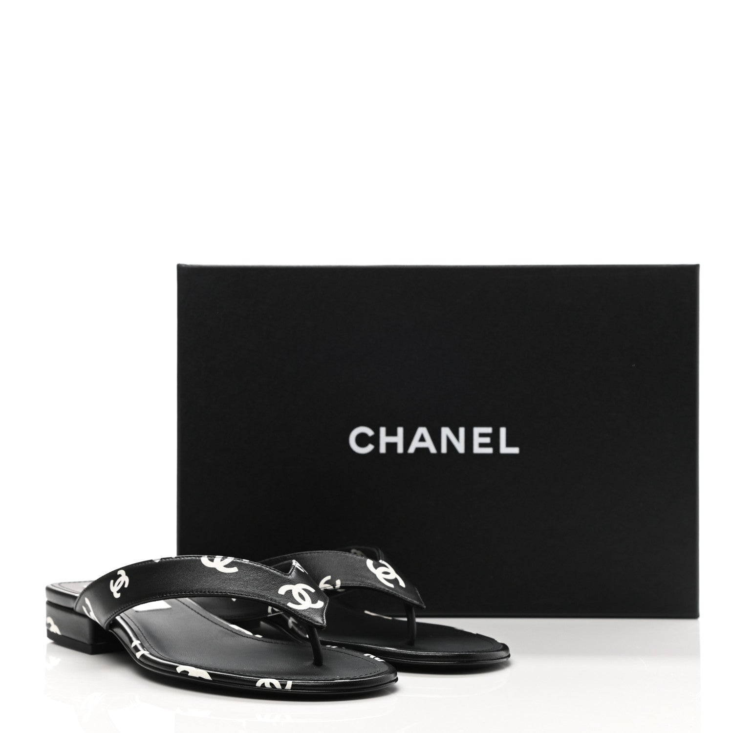Chanel Lambskin Printed CC Thong Sandals 38.5 Black White 7 of 7