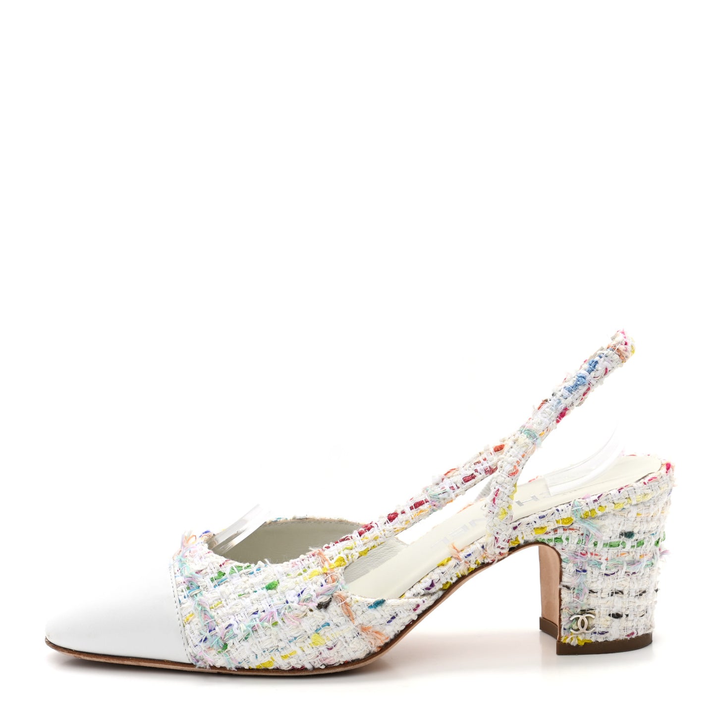 Tweed Lambskin Cap Toe CC Slingback Pumps 38 White Multicolor