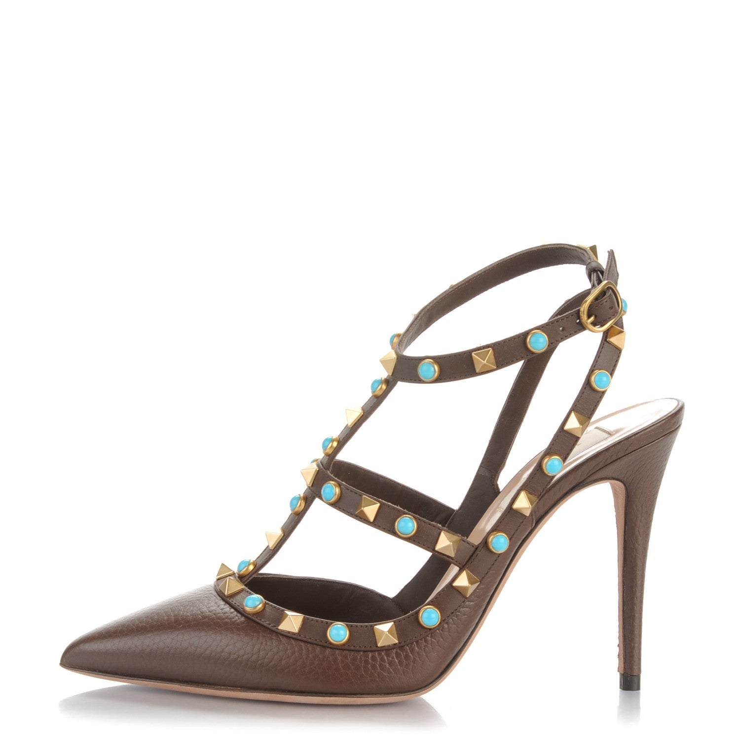 Valentino Garavani Pebbled Calfskin Turquoise Rockstud Rolling Ankle Strap 100mm Pumps 38.5 Cacao 1 of 7
