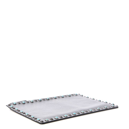 Valentino Garavani Grained Calfskin Turquoise Large Rockstud Rolling Zip Pouch Light Stone 4 of 9