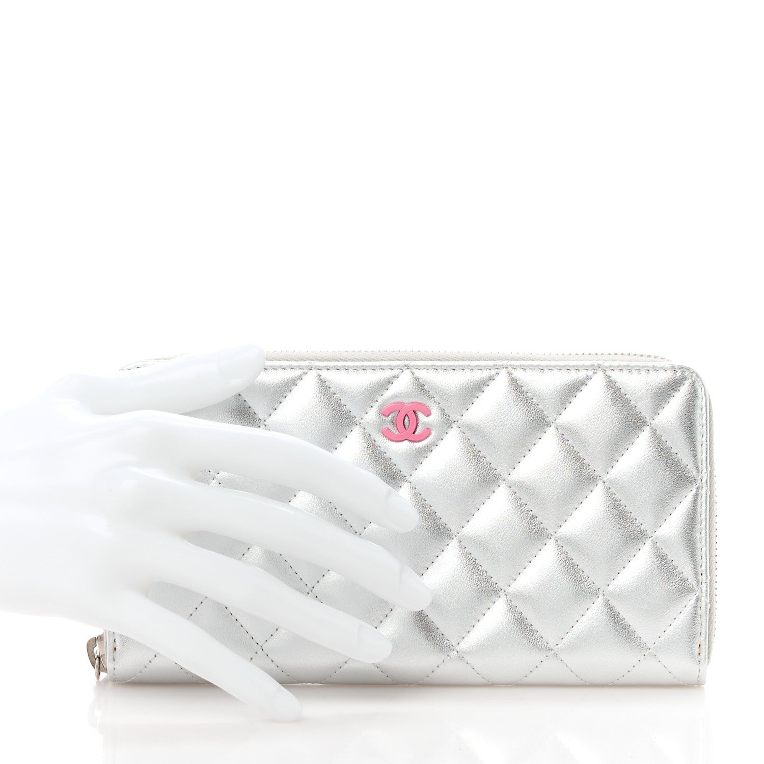 Chanel Metallic Lambskin Quilted Large Gusset Zip Around Wallet Silver Pink 2 of 12