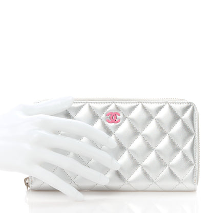 Chanel Metallic Lambskin Quilted Large Gusset Zip Around Wallet Silver Pink 2 of 12
