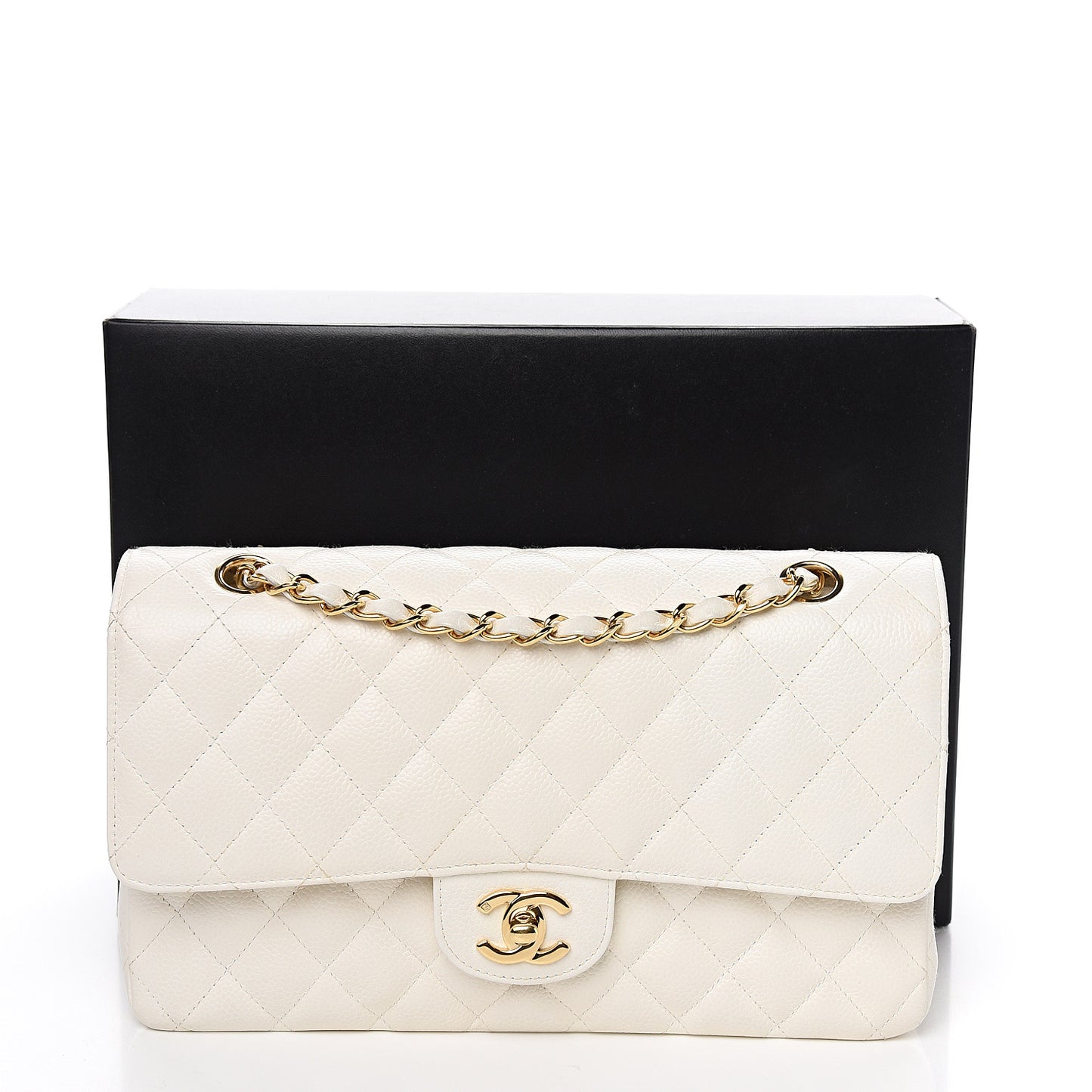 Caviar Quilted Medium Double Flap White