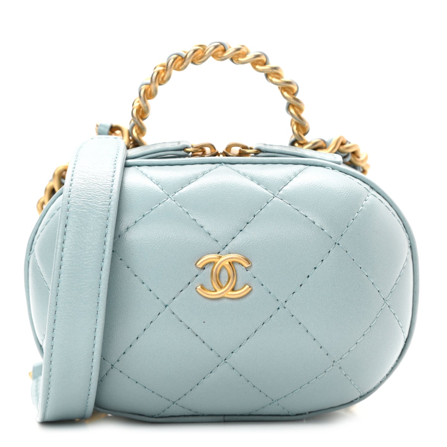 Lambskin Quilted CC Bubble Vanity Case With Chain Light Blue