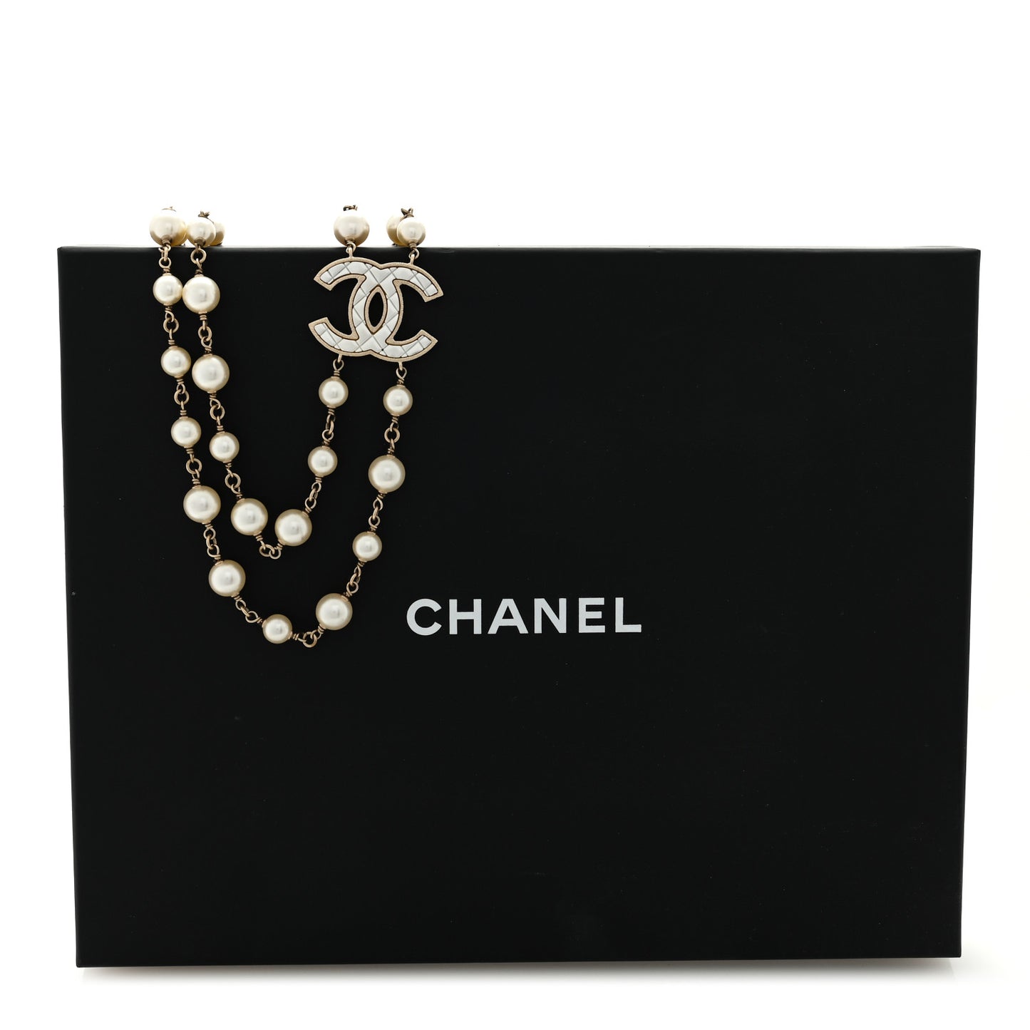 Metal Quilted Pearl CC Long Necklace Light Gold