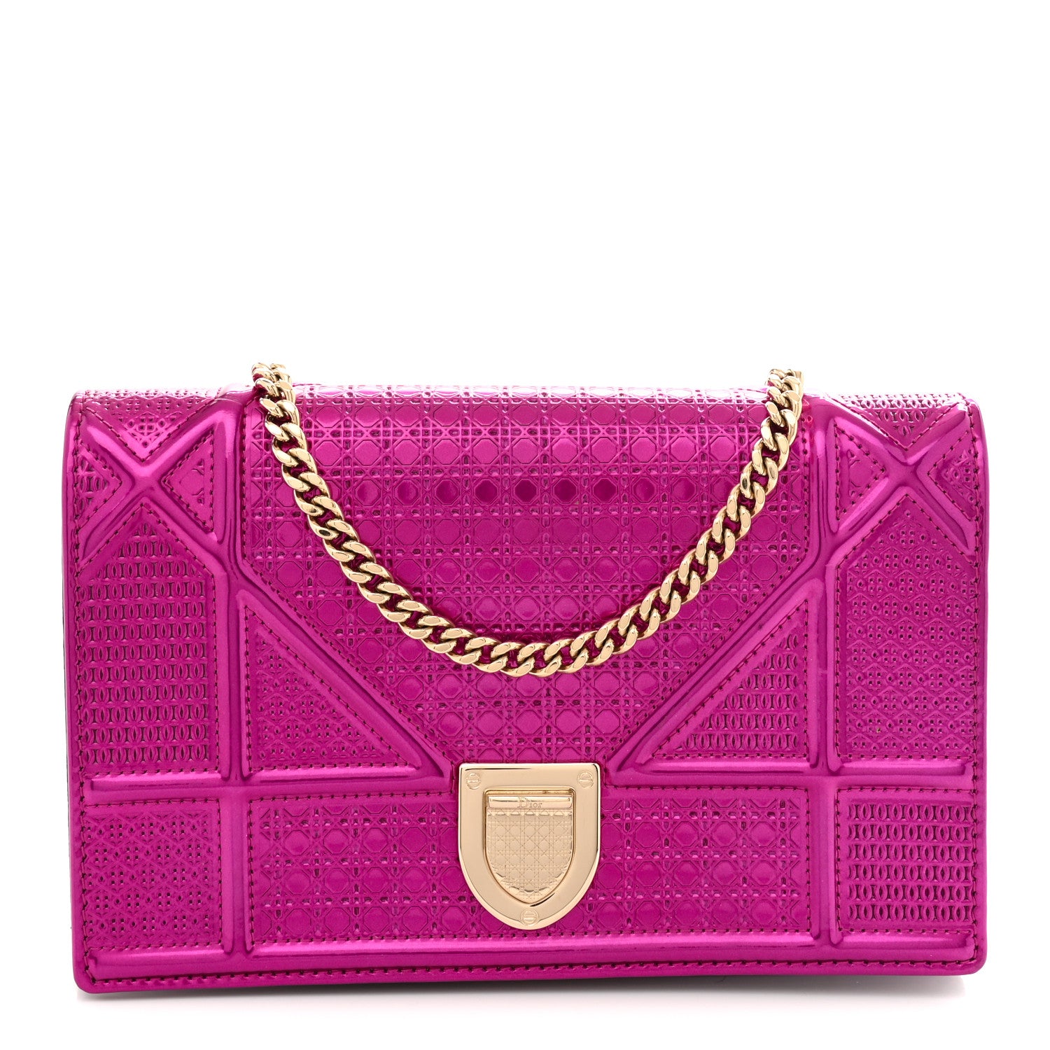 Christian Dior Metallic Patent Micro-Cannage Diorama Wallet on Chain Pouch Pink 1 of 12
