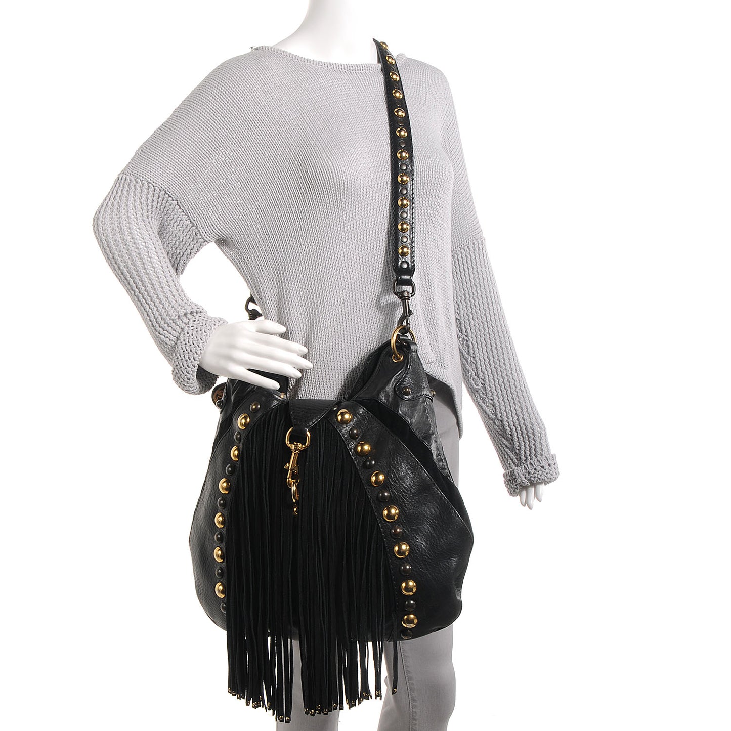 Leather Suede Fringe Babouska Hobo Black