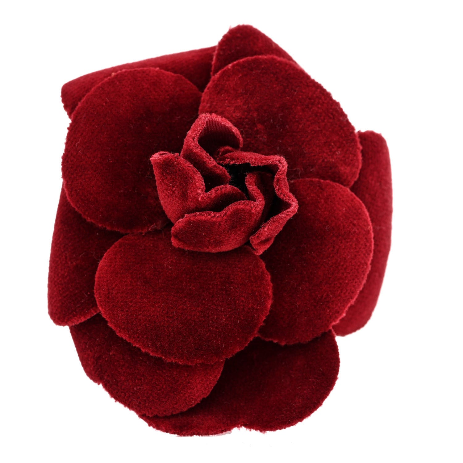 CHANEL Velvet Camellia Brooch Pin in the color Bordeaux by FASHIONPHILE